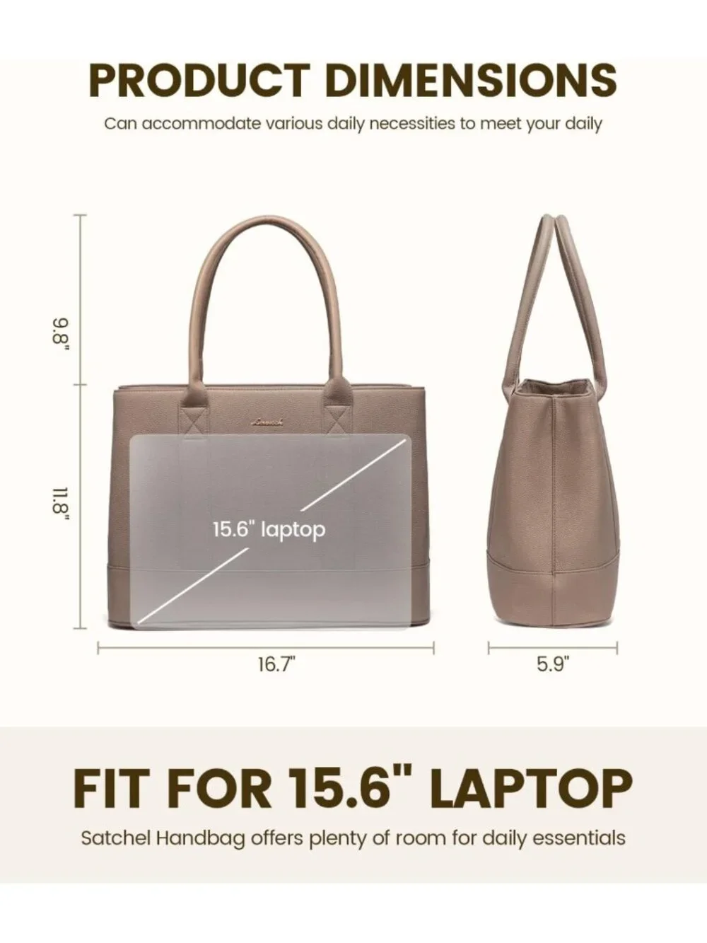 Stylish Waterproof PU Leather Laptop Tote Bag, 15.6
